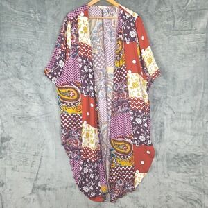 Womens Kimono 1X Boho Patchwork Hippie Open Duster Floral Paisley Festival Beach